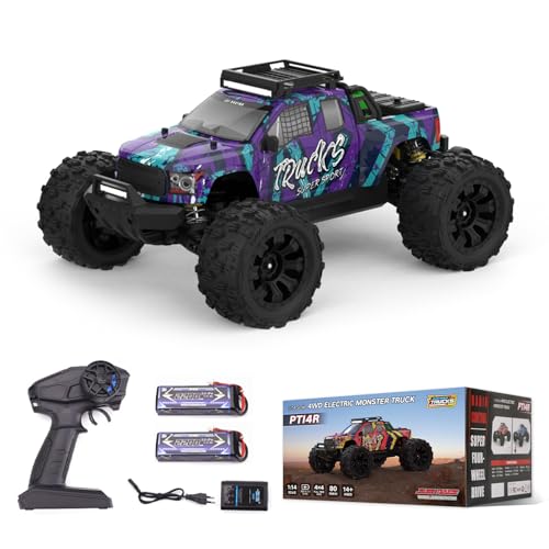 IMYHOO Coche RC 1:14 3S 80 km/h, con control remoto de 2.4 GHz y dos baterías recargables, coches RC impermeables 4X4, con portaequipajes y focos de techo para adultos y adolescentes (PT14R púrpura)