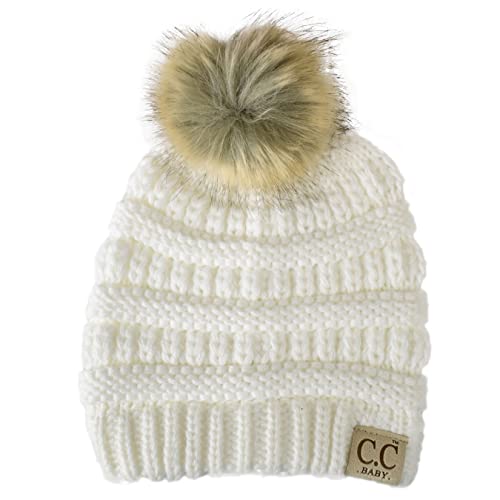 C.c Kids' Babies' Soft Stretch Cable Knit Faux Fur Pom Pom Beanie Hat, Ivory #TOP23