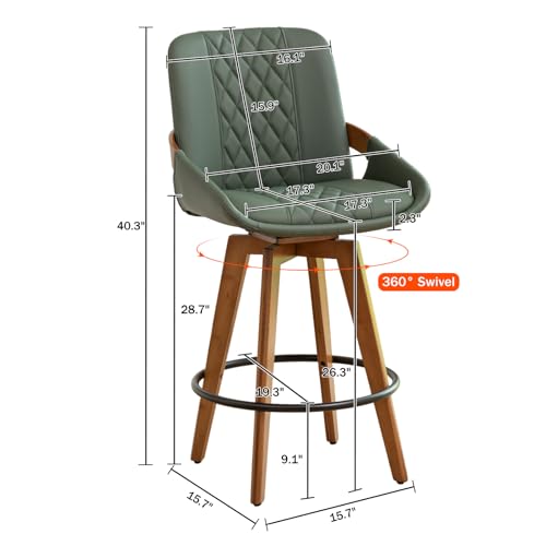Image of Counter Height Bar Stools Set of 2, Mid Century Modern Retro Swivel Bar Chairs, Furniture with Curved Back, Faux Leather Upholstered and Walnut Wood Frame for Bar /Pub /Island (Green, 26.3 inch-2 PCS)