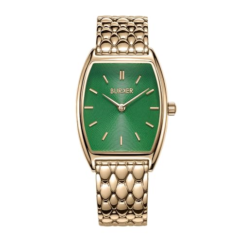 BURKER Damenuhr Grace, Oval Damen Armbanduhr Gliederarmband Edelstahl Analog Quarz 3-ATM Wasserdicht - 25 mm - Gold Grün