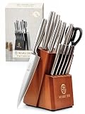 MARU JIN Japanese 15-Piece Kitchen Knife Block Set with Built-in Sharpener, High Carbon Stainless Steel Chef Knife Set, Dishwasher Safe Razor Sharp Cutlery Set (Wooden)