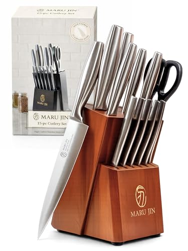 MARU JIN 15-Piece Kitchen Knife Block Set, High-Carbon Stainless Steel Knives, Self-Sharpening Wooden Block, Premium Cutlery Set with Ergonomic Handle (Wooden, 15-pcs)