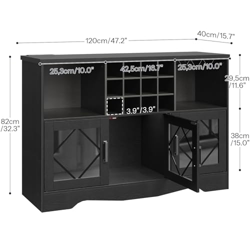 HOOBRO Bar Cabinet with Power Outlets, Liquor Cabinet with Wine Rack & Glass Holder, Freestanding Wine Cabinet with LED Light for Kitchen Living Room Dining Room, Black BK24UDJG01