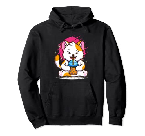 Gato Bebiendo Té De Burbuja Kawaii Japonés Neko Boba Tea Sudadera con Capucha