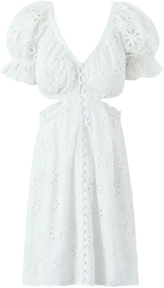 Amazon.com: Woman Sexy White Embroidery Hollow Out Hole Slit Waist Backless  Mini Dress White S : Clothing, Shoes & Jewelry