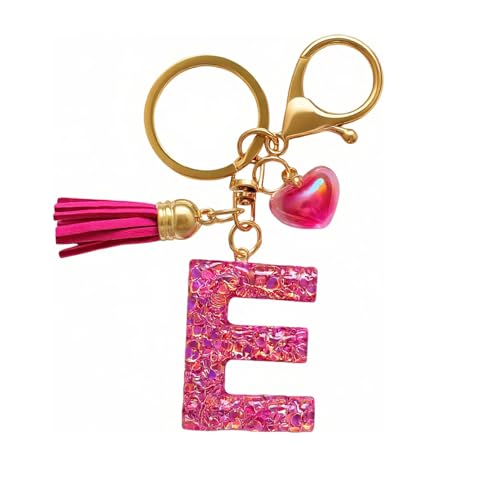 LIULIANXL Cute Initial Letter Keychains for Women Girls with Tassel Heart Charm Purple Pink Alphabet Keychain for Backpack (E-Rose Red)