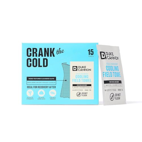 Duke Cannon Cold Shower Cooling Field Towels - 15 Individually Wrapped Towels - Mens Face and Body Wipes - Made with Menthol & Aloe - Instant Refresh Travel Pack