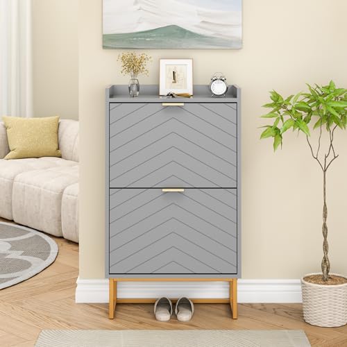 UEV Armoire à Chaussures, Meuble à Chaussures Inclinable, avec 2 Compartiments, Plafond avec Clôture, Étagère Réglable à 2 Positions, Étagères...