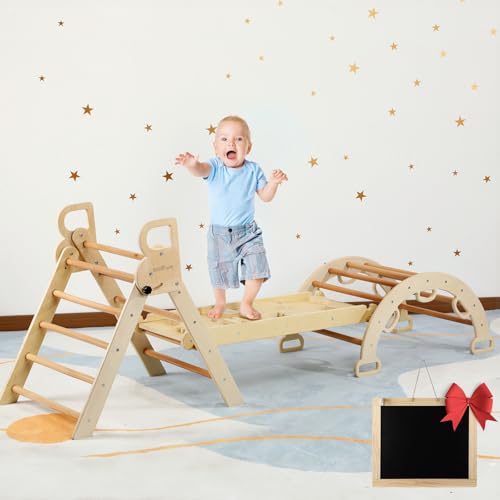 Image of BlueWood Pikler Triangle Set, Foldable Wooden Toddler Climbing Toys Indoor Playground Jungle Gym Montessori Philosophy Climber for 2-6 Years Old, Baby, Kids (Natural Wood)