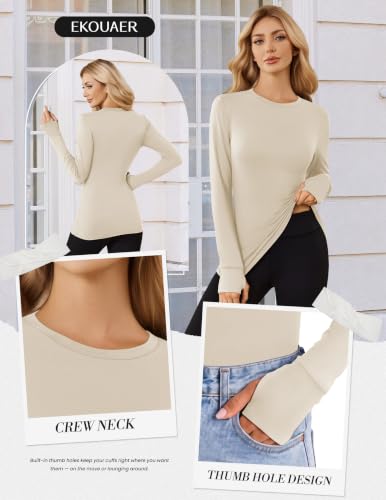 Ekouaer 3 Pack Long Sleeve Shirts for Women with Thumb Holes Casual Tops Beige/White/Black XL — view 6