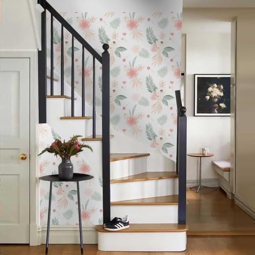 Papel de pared hojas verdes y amapola rosa autoadhesivo y extraíble 7