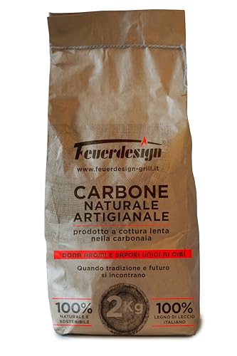 FEUERDESIGN - Carbone naturale da 2 Kg Antiche Carbonaie, da 100% legno di leccio italiano prodotto artigianalmente a cottura lenta nella carbonaia secondo l'antica tradizione Fenicia.