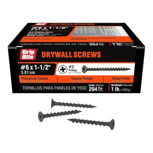 Grip-Rite Coarse Thread Drywall Screws - #2 Phillips Bugle Head - Sharp Point - For Attaching Drywall to Wood Studs - Phosphate Coated - 1 Lb Box - #6 X 1-1/2
