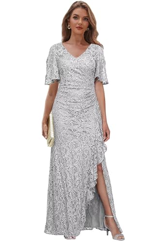 Sequin Lace Mother of The Bride Dresses for Women Short Sleeve Formal Dress with Slit Long Evening Gown