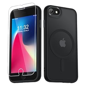 for iPhone SE Case 2022(3rd)/2020(2nd), iPhone 8/7 Case, with 1 Screen Protector, Matte Magnetic Slim Phone Cover, Support for Magsafe, Shockproof Protection Translucent Frosted Back,Black