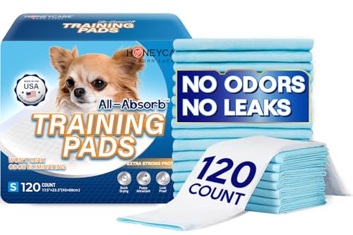 Honey Care All-Absorb, Small 17.5" x 23.5", 120 Count, Dog and Puppy Training Pads, Ultra Absorbent and Odor Eliminating, Leak-Proof 5-Layer Potty Training Pads with Quick-Dry Surface, Blue, A05