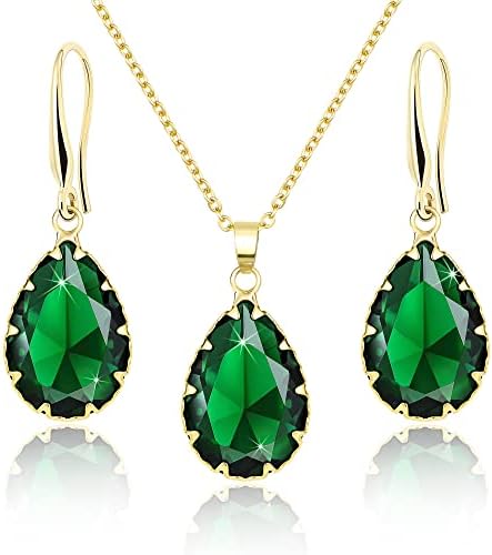 Linawe Emerald Green Diamond Jewelry Set for Women 14K Gold Crystal Stone Rhinestone Pendant Necklace Cubic Zirconia Dangle Earrings Set Costume Queen Bridal Wedding Accessories Gift for Mom Wife Her
