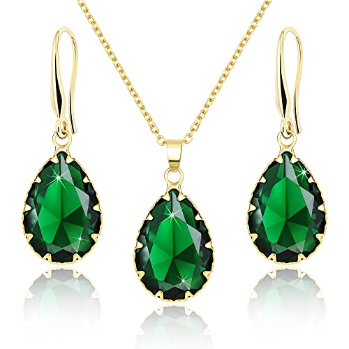 Linawe Set di gioielli verde smeraldo per donna, collana a catena con ciondolo in oro smeraldo, orecchini pendenti da donna, gioielli di moda, gioielli in oro