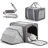 Transportbox für Kleine Katzen, Hunde und Kleintiere, Faltbare Transporttasche mit 3 Seiten erweiterbar, herausnehmbarer Fleece-Einlage und Taschen, ideal für Tierarzt, Auto oder Flugzeug, Max 5 kg