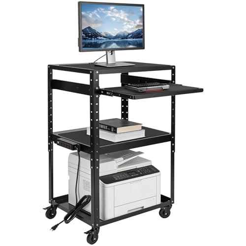 Outafurnia 3 Shelf Metal Utility Cartâ€“ AV Presentation Cart for Video Projector Laptop Computer Printers with Keyboard Tray,AV Cart with Adjustable Shelves with Keyboard for Office Classroom