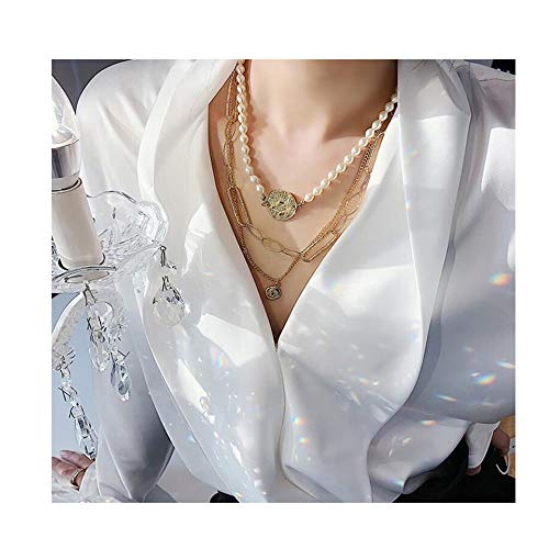 Preisvergleich Produktbild Chargances Weihnachtsperlen-Choker-Halskette, mehrlagige Halskette, Gold-Kette, Münz-Anhänger, mehrlagig, Halsketten für Frauen und Mädchen, Weihnachtsgeschenk