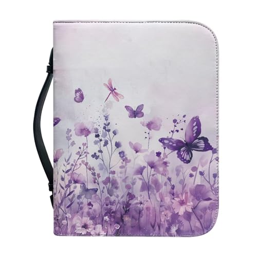 Ceudet Funda de cuero para Biblia con una cubierta de la Biblia pequeña de cuero con asa y fundas de la Biblia con cremallera para estudio bíblico católico AGifts, Mariposa púrpura lavanda 5, L