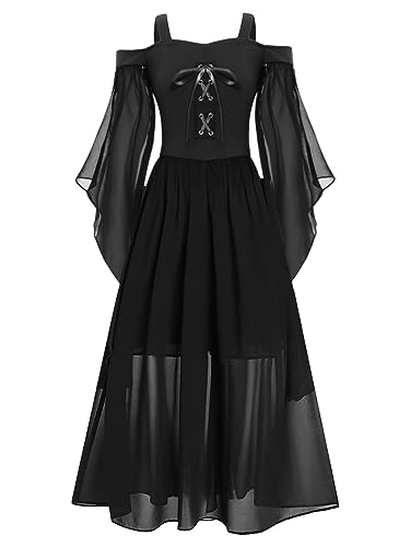 inlzdz Girls Medieval Renaissance Costume Long Sleeve Cold Shoulder Steampunk Gothic Victorian Corset Dress Black 9-10 Years