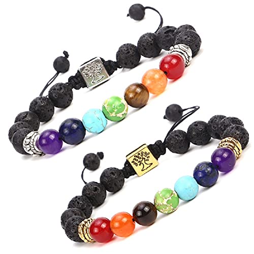 Pulsera de cuentas de piedra de lava con aceites esenciales, pulsera ajustable de 7 chakras, color negro, para yoga, aromaterapia, para mujeres, hombres, niñas y niños Cover