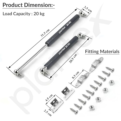 Image of Plantex 12 Inch Hydraulic Gas Spring Stay Strut Pneumatic Lift Support with Cover /Cabinet Hinges Support /Capacity 20 KGS (200 N) - Pair of 1 (2 Pcs) (Silver)