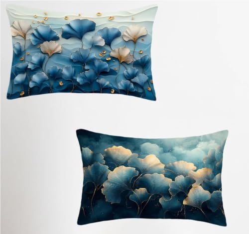Blue Outdoor Pillow Covers 24x32 Set of 2, Nordic Rectangle Throw Pillow Covers 32x24in with Hidden Zipper, Waterproof Linen Cushion Covers, Double Sided Printing, Pillowcases for Room Decor W-5613