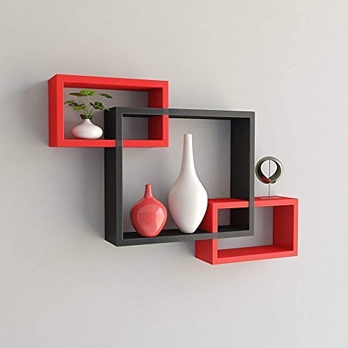 Image of Wooden handicrafts Wooden Stylish Wall Rack Shelves Set of Wall Shelves MDF -Medium Density Fiber Home Decoration Wall Decor (Red Black, Interlock 3)