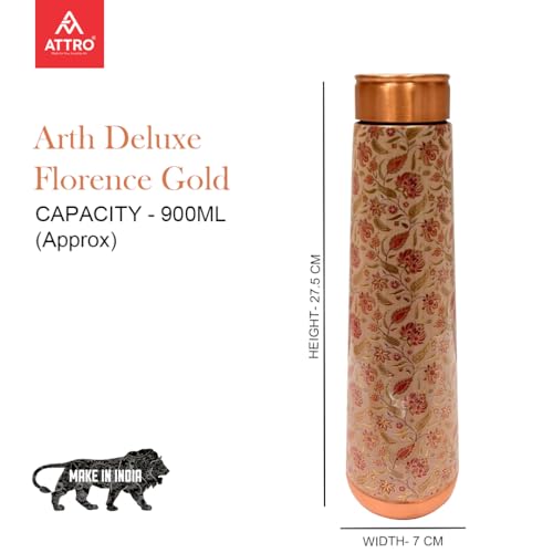 Image of ATTRO Arth Deluxe Copper Bottle Design Boosts Immunity Leakproof & Lightweight |Anti-Bacterial, BPA Free with Secure Cap for School, Travel, Gym & Work 900ml Florence Gold