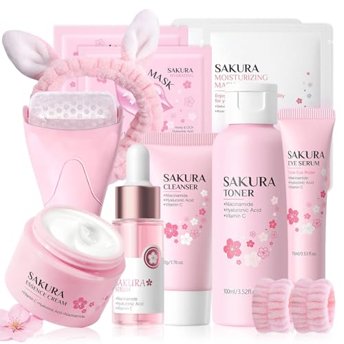 Kit per la Cura della Pelle Sakura 12 Pezzi,include Detergente, Tonico, Crema Viso, Maschera, Siero e Crema per Gli Occhi,Accessori,Set Skincare Viso Completo per Ragazze e Donne