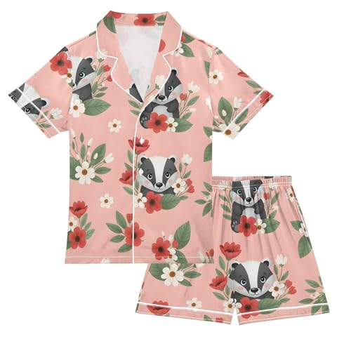 Satin Pajama Sets Short Sleeve Cute Badgers Among Flowers Pattern Button Down Silky Nightwear 2 Piece PJS 5-14Y