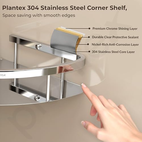 Image of Plantex Bathroom Corner Shelf for Wall Mount /304 Grade Stainless Steel Corner Shelf for Bathroom with Railings /Bathroom Accessories Holder (9x9 inches, Chrome)