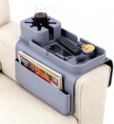 Sofa Armrest Storage Tray with Spill-Proof and Non-Slip Side Pockets for Holding Mobile Phones，TV Remote Controls，Cups and Pens