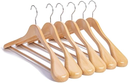 SHOPIVAAN - Extra Wide Shoulder Wooden Coat Hangers | Heavy-Duty Wooden Hangers for Clothes | Non-Slip Suit Hanger with 360° Swivel Hook | Solid Wood Hanger for Coats & Jackets (6, Beige)