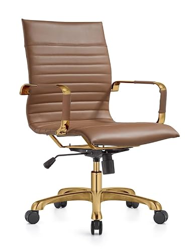 LeisureMod Harris Modern Ergonomic Executive Office Chair, High-Back Leather Conference Desk Chair with Adjustable Height, Tilt Control, 360&deg; Swivel & Gold Frame for Home Office