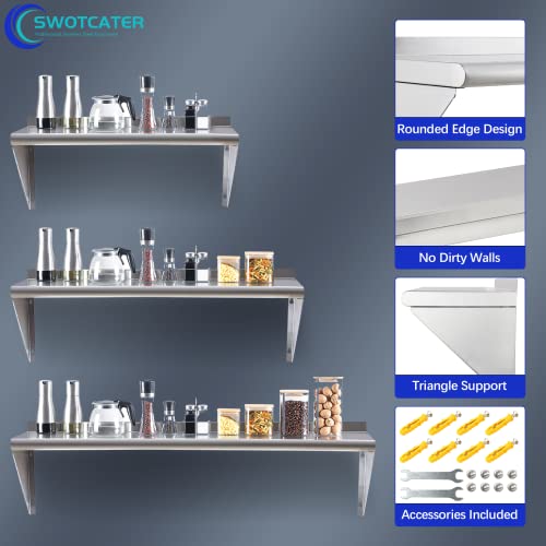 Image of 2 Pack Stainless Steel Shelf 18 inchx48 inch 400LB, Commercial Stainless Steel Shelves Wall Mounted, Heavy Duty Metal Floating Shelving for Home Kitchen, Restaurant, Garage