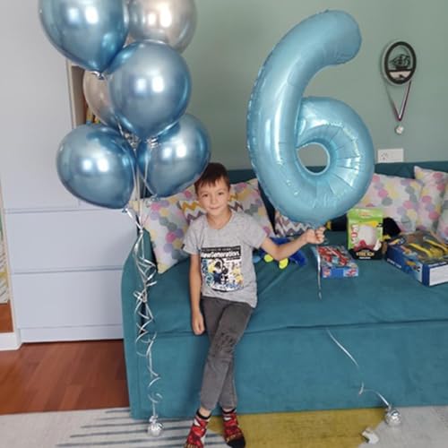 Image of Light Blue Number 6 Balloon for Kids 6th Birthday, 40 Inch Large Pearl Baby Blue Number Foil Balloon, Mylar Self Inflating Helium 6 Balloon for Boys Men Birthday Party Anniversary Decorations Supplies