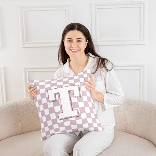 Image of Erosebridal Pink Initial T Throw Pillow Covers 20x20 Set of 2 Kawaii Plaid Checkered Cushion Cover Cute Personalized Monogram Throw Pillow Case for Bed Couch Sofa Fashion Grids Gingham Home Decor
