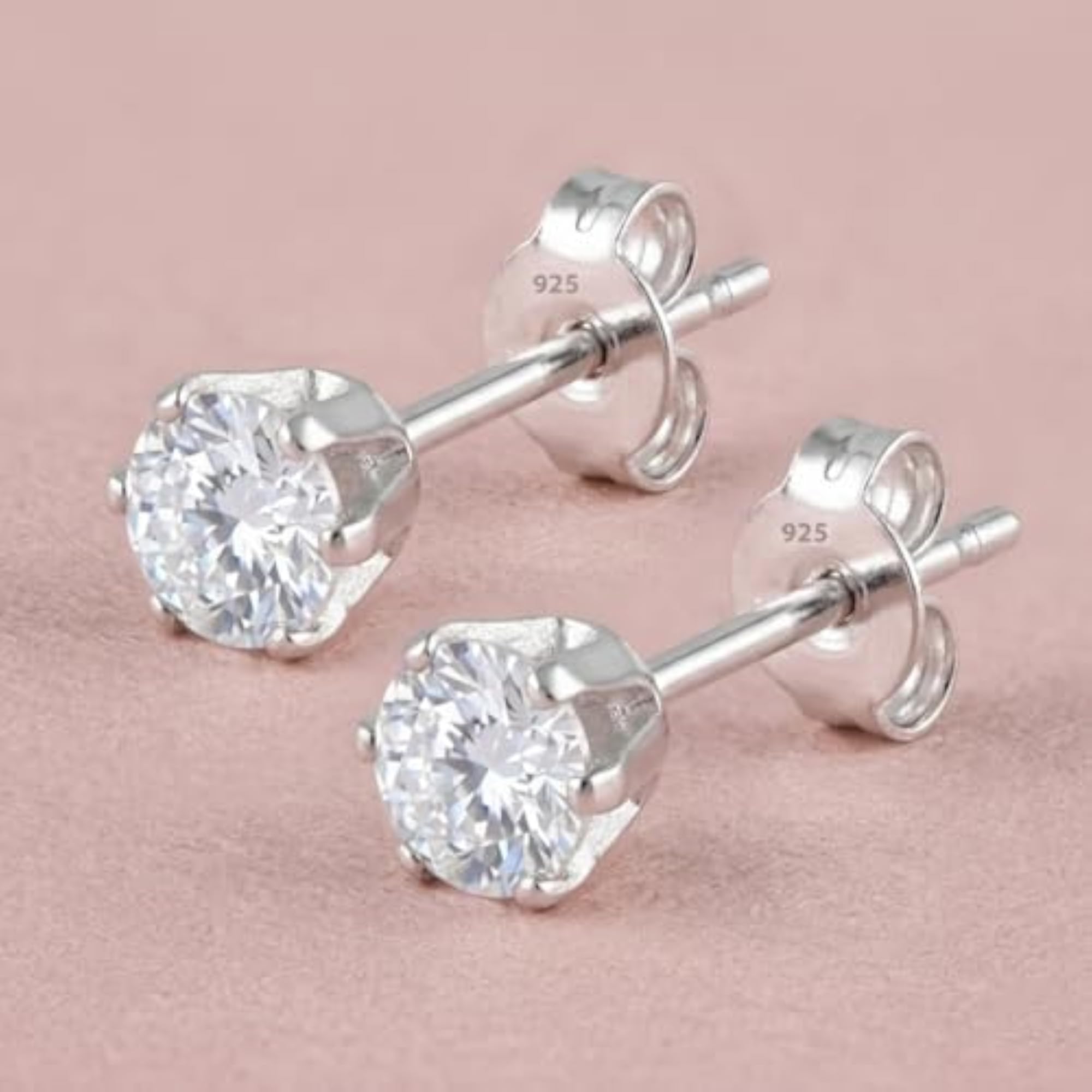 Unisex 925 Sterling Silver Round CZ Solitaire Stud Earrings