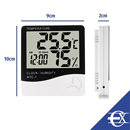 EUROXANTY Digitales Hygrometer- und Thermometer-Gerät mit Uhr | elektronisches Feuchtigkeitsmessgerät mit LCD-Bildschirm | Batteriebetriebenes Feuchtemessgerät zum Innenbereich-Einsatz