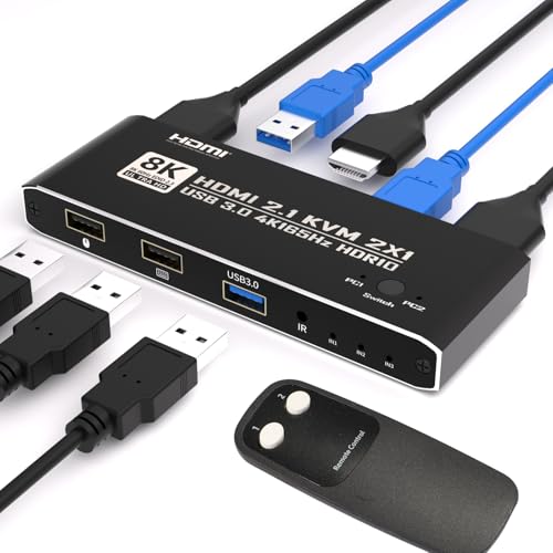 KVM Switch HDMI 2 in 1 Out for 1 Monitor 2 Computers, 8K@60Hz 4K@165Hz USB 3.0 Hub with IR Remote Control, Aluminum Alloy, HDR10 HDCP 2.2