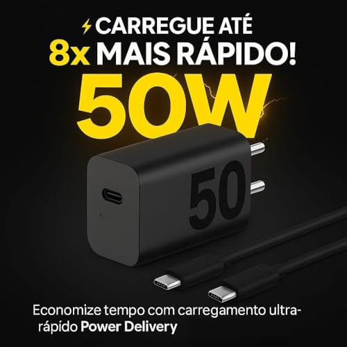 Carregador Premium Fast Turbo Rápido 50W Tipo C USB-C Power Delivery Quick Charge Bivolt Com Cabo Compatível iPhone 15, 16, Android Entrada Tipo C Carga Ultra Rápida Tomada Celular Original - Imagem 3
