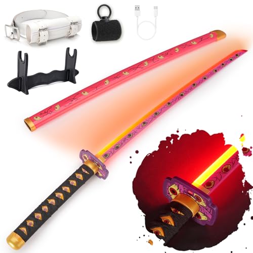 RENGENG Light Up Kokushibo Sword 40 Inches Rechargeable Plastic Anime Replica with Belt & Stand Original Texture Anime Sword