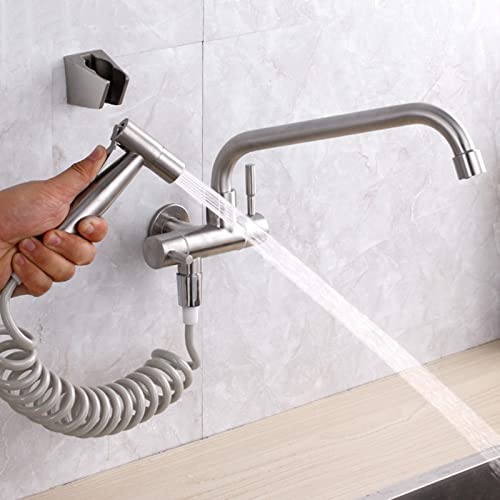 Grifo Cocina Pared Agua Fria Acero Inoxidable Con Pistola Rociadora Grifo Para Fregadero Níquel Cepillado-A Cover