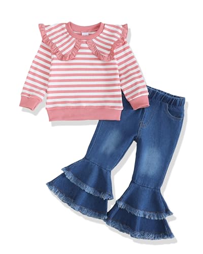 SODLON 4T Girls Clothes 5T Girl Outfits Winter Peter Pan Collar Pink Stripe Sweatshirt Bell Bottom Denim Pants Kids Fall Spring Toddler Jeans Clothing Fashion Little Girl Size 4 5 Year