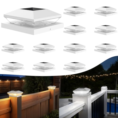 T-SUN Solar Post Cap Lights Outdoor 12 Pack, 2 Modes LED Fence Post Solar Lights Fit for 4x4 5x5 6x6 Vinyl/Wooden Posts, Waterproof Deck Post Lights Solar Powered for Garden Patio Gate Porch