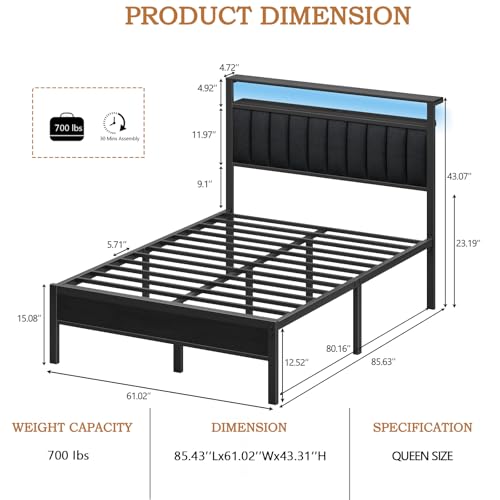 Furnulem Queen Size Bed Frame with Charging Station and LED Lights, Platform Bed with Metal Slats, Grey Upholstered Headboard with 2-Tier Storage Shelves, No Box Spring Needed